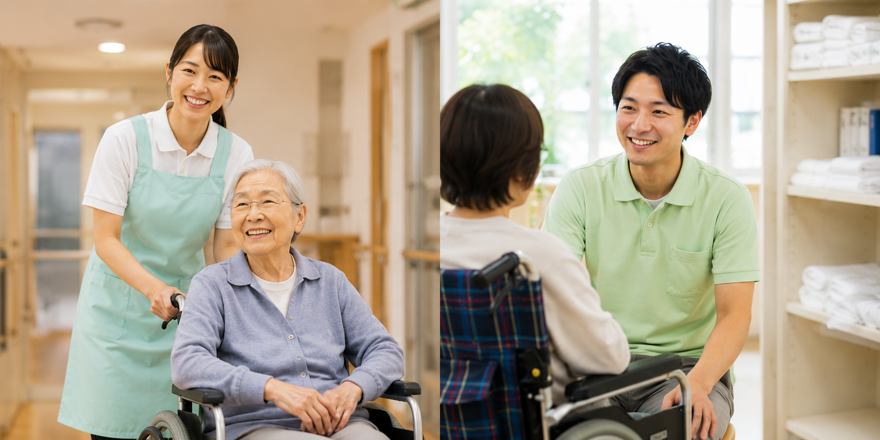 介護施設で利用者と職員が笑顔で話している様子