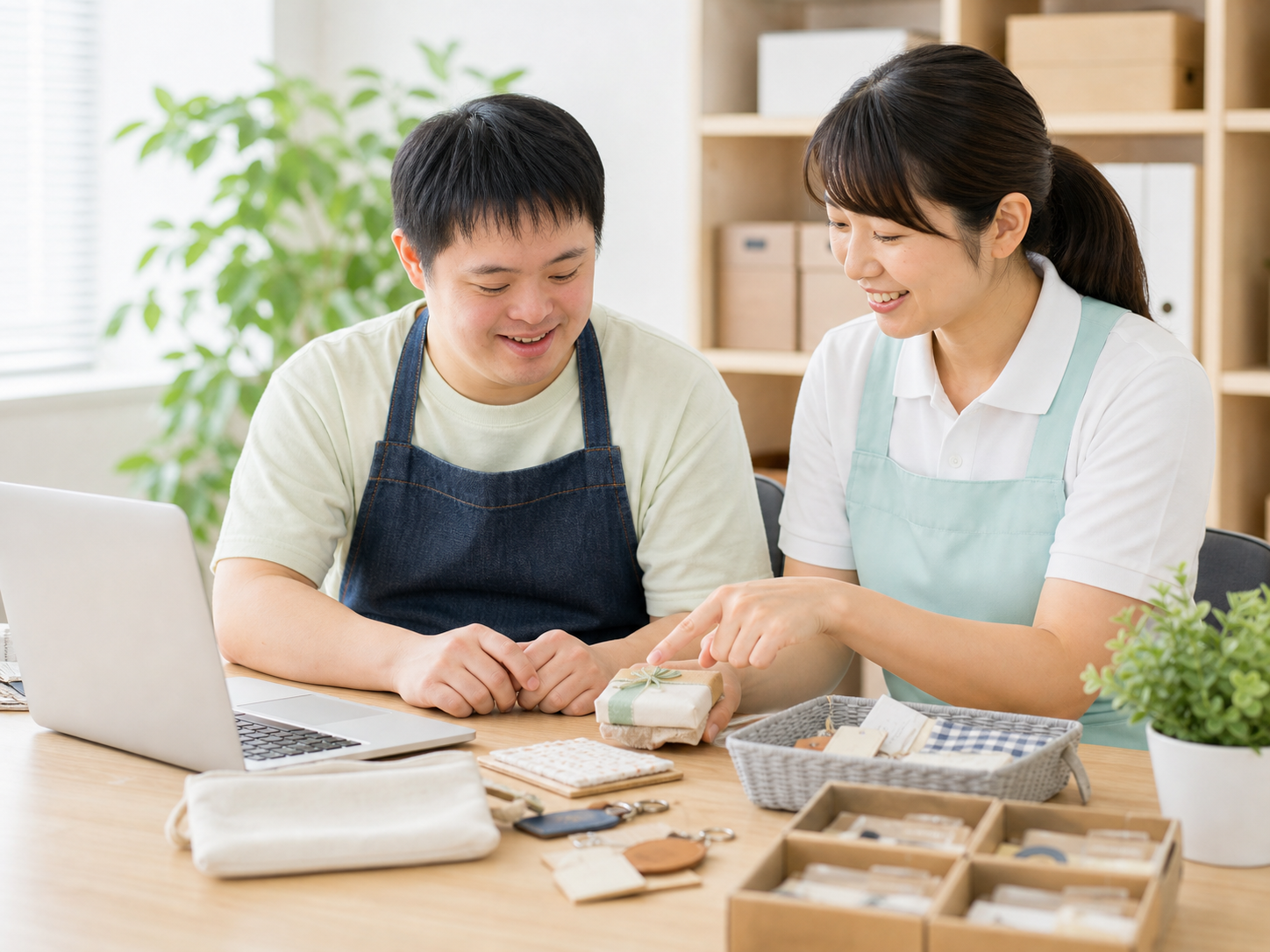 就労継続支援の作業訓練を支援する様子
