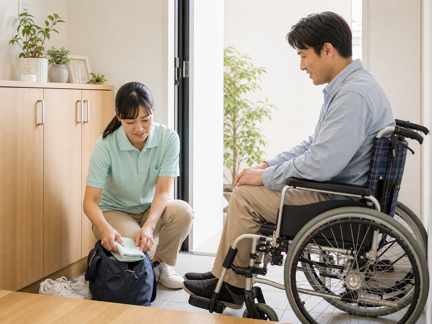 居宅介護で車椅子利用者を支援する様子